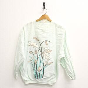 Vintage Kitty Cats Mice Cattails Long Sleeve T Shirt Large